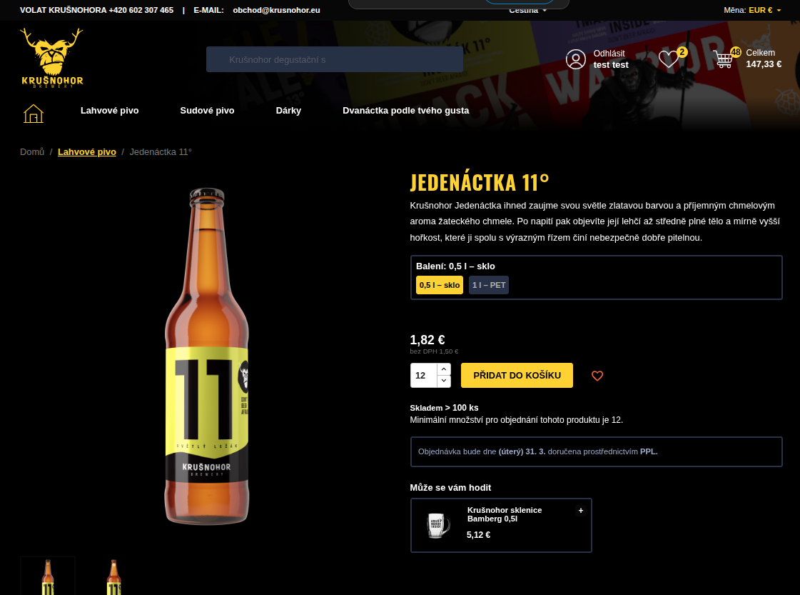 E-shop Pivovar Krušnohor na PrestaShopu – náhled úvodní stránky a nabídky piva